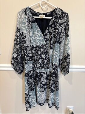 LOFT Black & Light Blue Floral Patchwork Wrap Dress